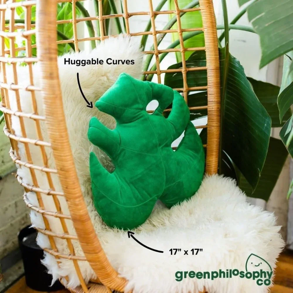 Green 3D Accent Monstera Deliciosa Succulent Philosophy Plush Leaf Throw Pillow